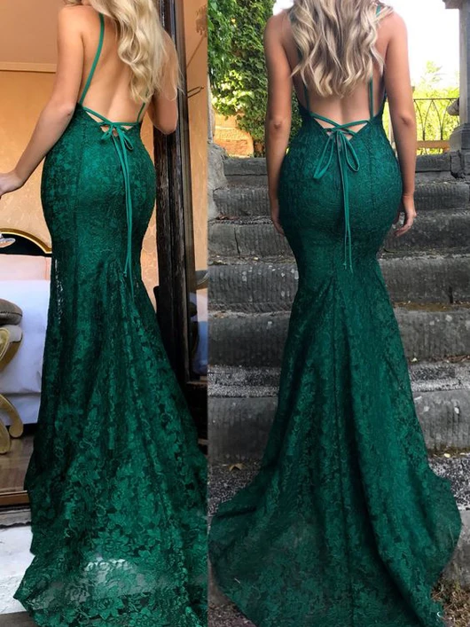 Mermaid Dark Green Prom Dress, Lace Long Prom Dress, Spaghetti Straps Backless Prom Dresses Secondary image
