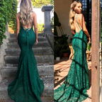 Mermaid Dark Green Prom Dress, Lace Long Prom Dress, Spaghetti Straps Backless Prom Dresses