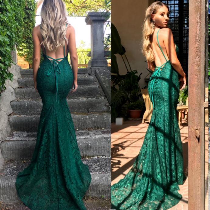 Mermaid Dark Green Prom Dress, Lace Long Prom Dress, Spaghetti Straps Backless Prom Dresses