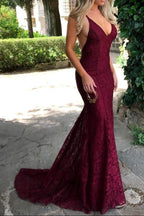 Mermaid Dark Green Prom Dress, Lace Long Prom Dress, Spaghetti Straps Backless Prom Dresses