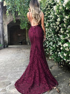 Mermaid Dark Green Prom Dress, Lace Long Prom Dress, Spaghetti Straps Backless Prom Dresses
