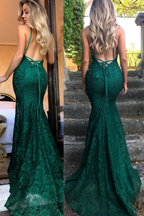 Mermaid Dark Green Prom Dress, Lace Long Prom Dress, Spaghetti Straps Backless Prom Dresses