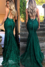 Mermaid Dark Green Prom Dress, Lace Long Prom Dress, Spaghetti Straps Backless Prom Dresses