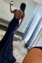 Mermaid Deep V-Neck Beaded Satin Long Prom Dress