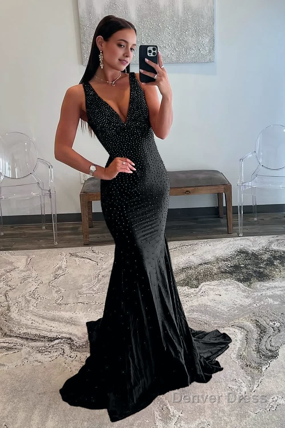 Mermaid Deep V Neck Beaded Satin Long Prom Dresses