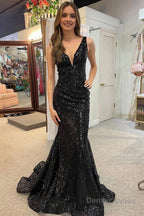 Mermaid Deep V Neck Black Sequins Long Prom Dresses with Open Back