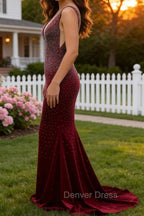 Mermaid Deep V Neck Burgundy Long Prom Dress with Beading