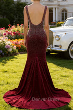 Mermaid Deep V Neck Burgundy Long Prom Dress with Beading