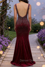 Mermaid Deep V Neck Burgundy Long Prom Dress with Beading