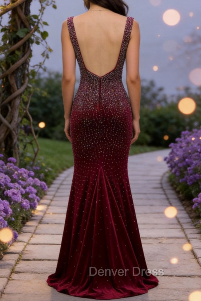 Mermaid Deep V Neck Burgundy Long Prom Dress with Beading