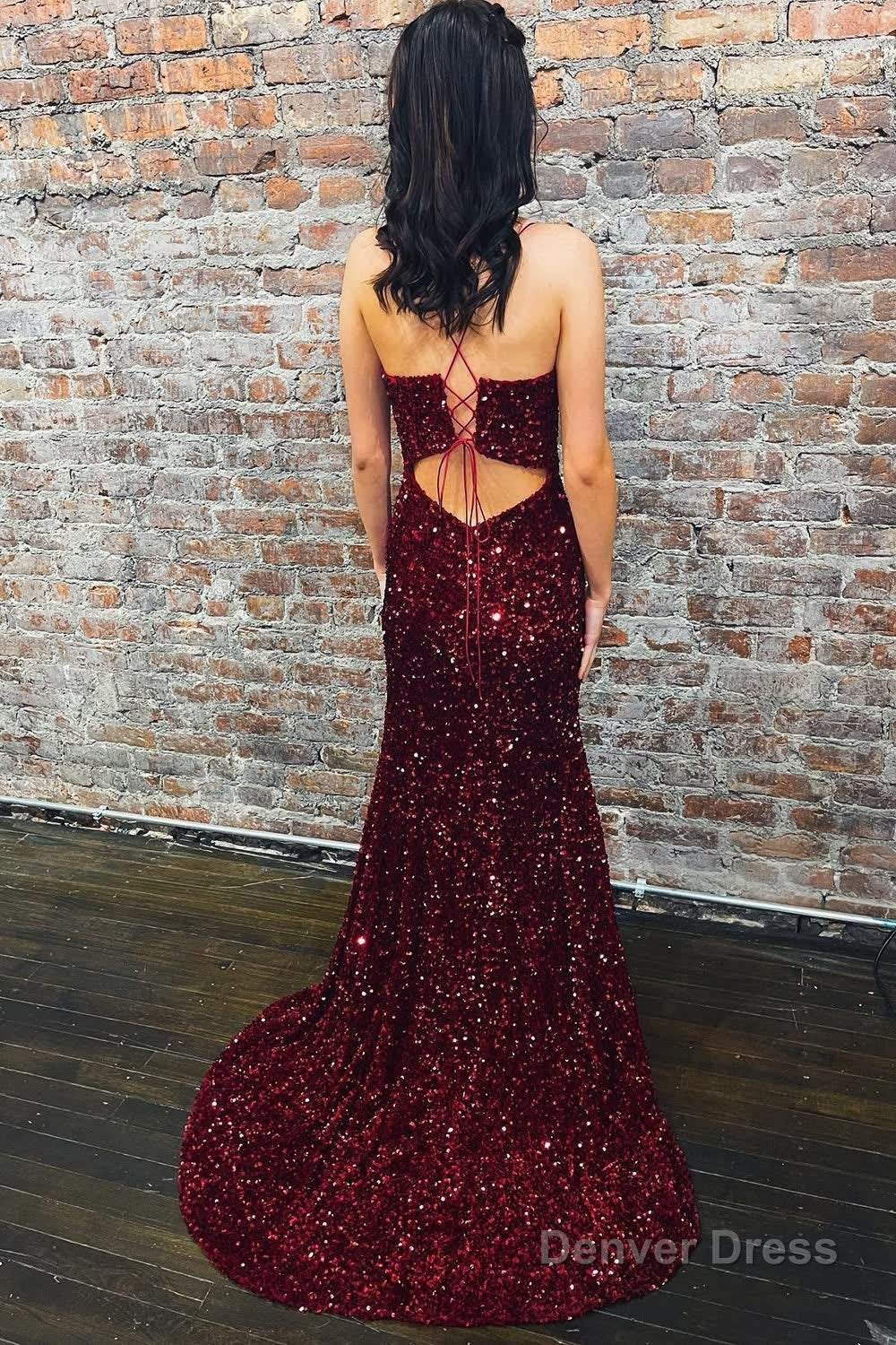 Mermaid Deep V Neck Burgundy Sequins Long Prom Dresses with Silt Secondary image