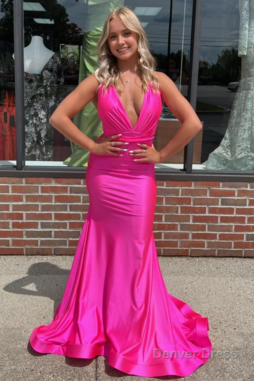 Mermaid Deep V Neck Hot Pink  Long Prom Dress with Backless Main image