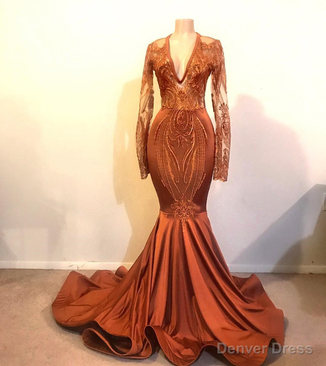 Mermaid Deep V Neck Long Sleeve Floor Length Chiffon Embroidery Prom Dresses