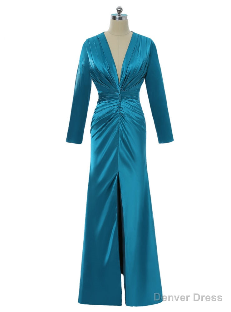 Mermaid Deep V Neck Long Sleeves Slit Sexy Long Prom Dresses