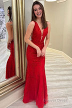 Mermaid Deep V Neck Pink Long Prom Dresses with Appliques