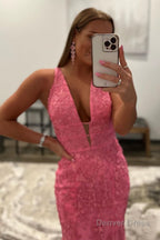 Mermaid Deep V Neck Pink Long Prom Dresses with Appliques