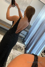 Mermaid Deep V Neck Pink Long Prom Dresses with Appliques
