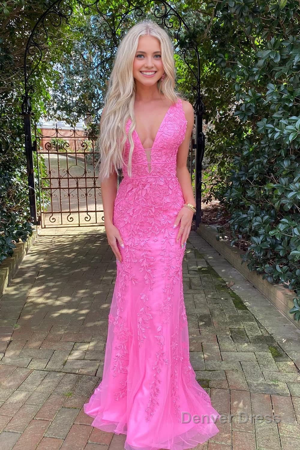 Mermaid Deep V Neck Pink Long Prom Dresses with Appliques