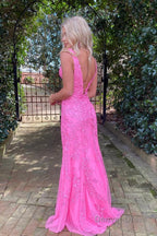 Mermaid Deep V Neck Pink Long Prom Dresses with Appliques