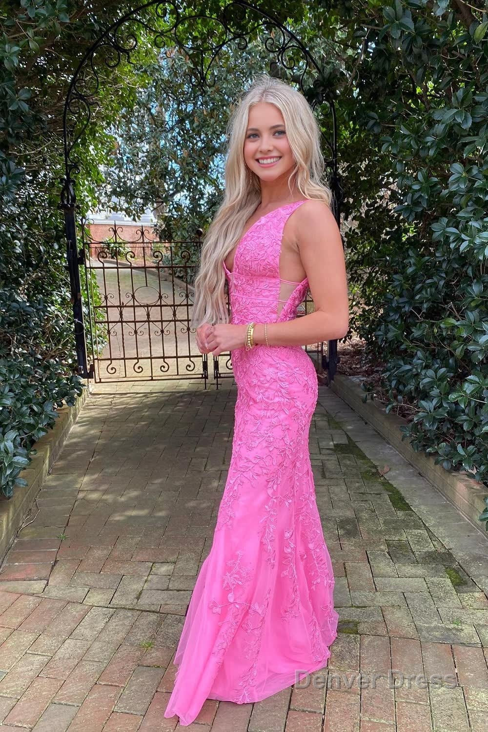 Mermaid Deep V Neck Pink Long Prom Dresses with Appliques