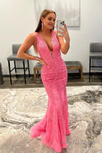 Mermaid Deep V Neck Pink Long Prom Dresses with Appliques
