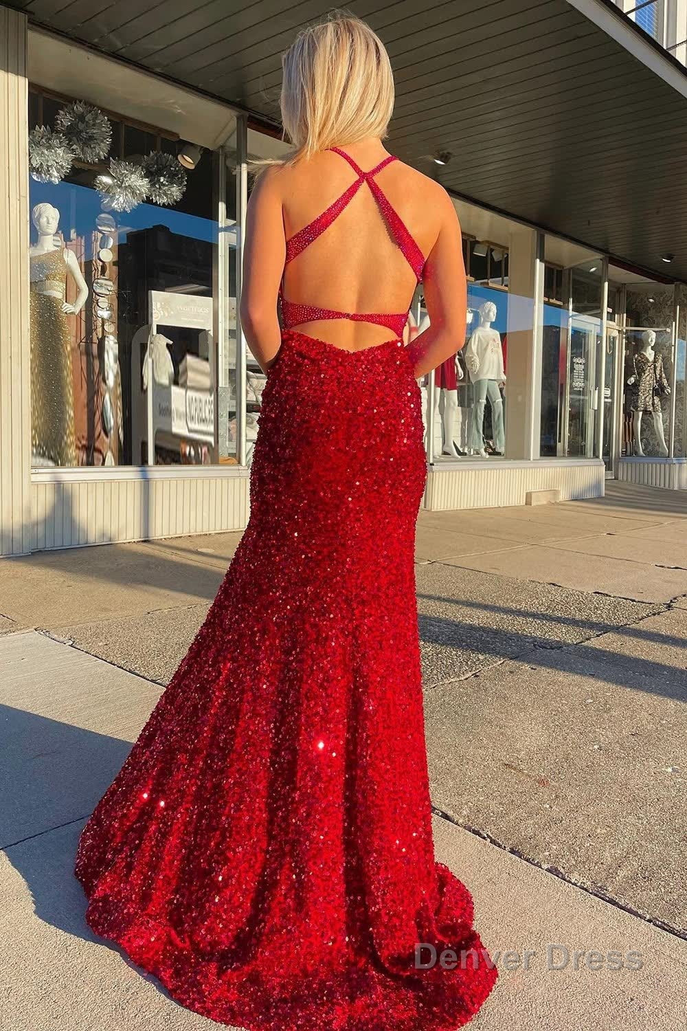 Mermaid Deep V Neck Red Sequins Long Prom Dresses with Open Back Secondary image