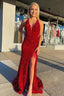Mermaid Deep V Neck Red Sequins Long Prom Dresses with Open Back