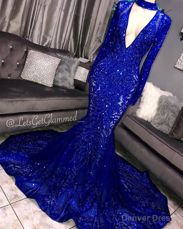 Mermaid Deep V Neck Round Collar Long Sleeve Floor Length Crochet Flower Embroidery Prom Dresses