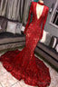 Mermaid Deep V Neck Round Collar Long Sleeve Floor Length Crochet Flower Embroidery Prom Dresses