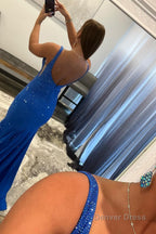Mermaid Deep V Neck Royal Blue Long Prom Dress with Beading Prom Dresses