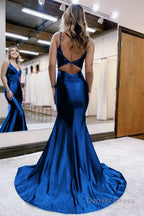 Mermaid Deep V Neck Satin Long Prom Dresses with Appliques