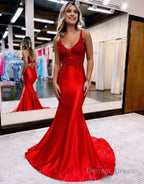 Mermaid Deep V Neck Satin Long Prom Dresses with Appliques