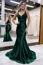 Mermaid Deep V Neck Satin Long Prom Dresses with Appliques
