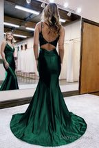 Mermaid Deep V Neck Satin Long Prom Dresses with Appliques