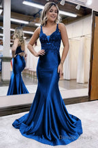 Mermaid Deep V Neck Satin Long Prom Dresses with Appliques