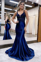 Mermaid Deep V Neck Satin Long Prom Dresses with Appliques
