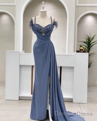 Mermaid Dusty Blue V-Neck Split Gown With Feathers