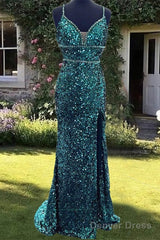 Mermaid Emerald Green Sequin V-Neck Dress
