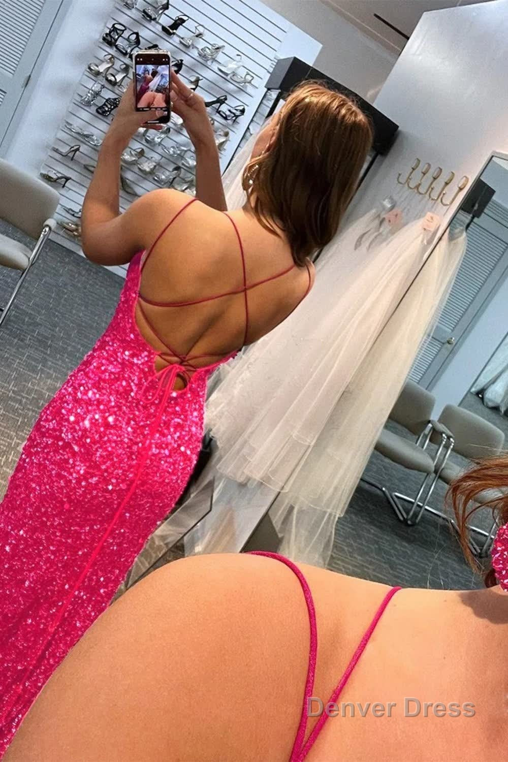 Mermaid Glitter Sequins Sexy Hot Pink Backless Long Prom Dress Secondary image