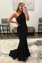 Mermaid Glitter Sexy One Shoulder Long Prom Dresses With Sequins