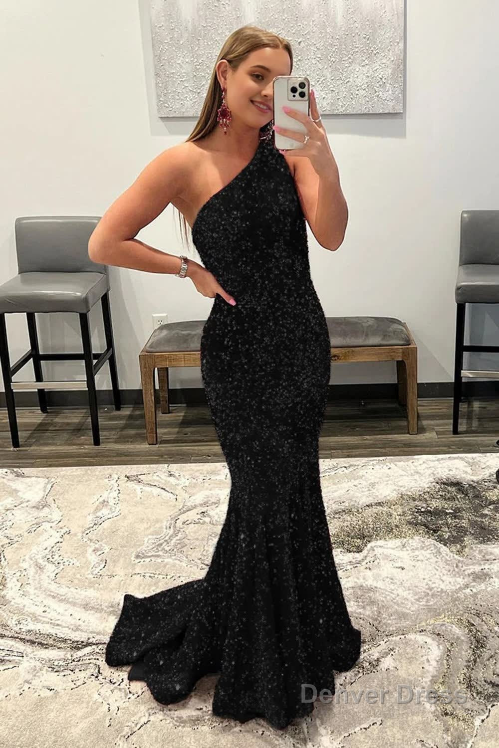 Mermaid Glitter Sexy One Shoulder Long Prom Dresses With Sequins