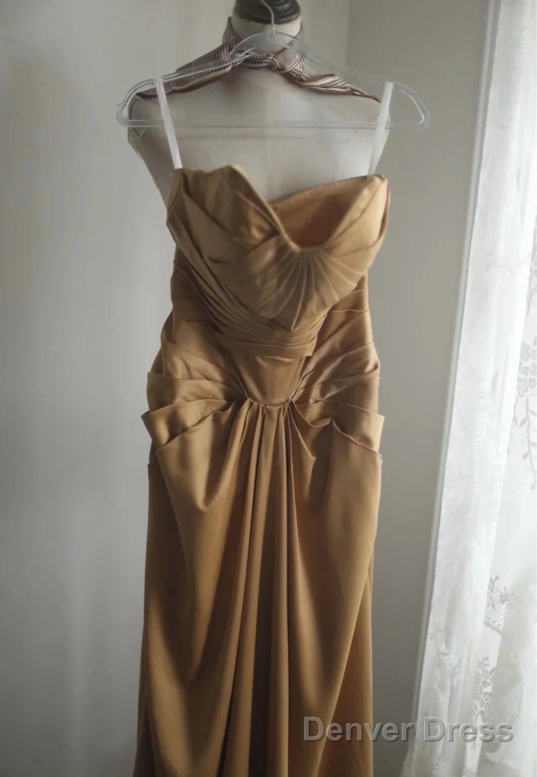 Mermaid Gold Strapless Satin Long Prom Dress Simple Evening Dress
