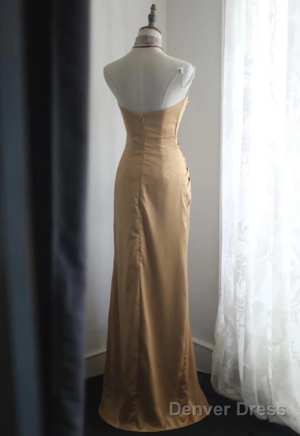 Mermaid Gold Strapless Satin Long Prom Dress Simple Evening Dress