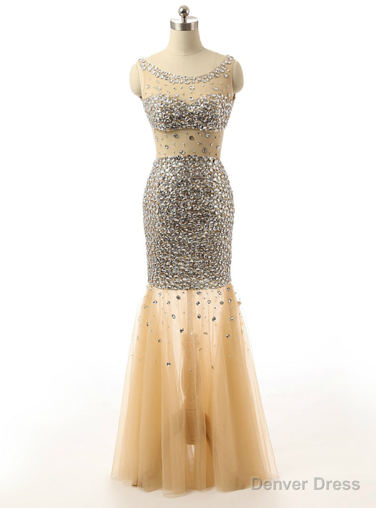 Mermaid Golden Beading Sequins Backless Tulle Prom Dresses
