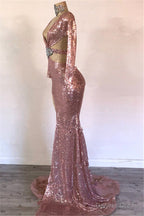 Mermaid Gorgeous Sequins V Neck Long Sleeves Side Slit Prom Dresses