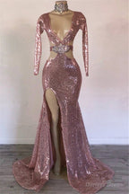 Mermaid Gorgeous Sequins V Neck Long Sleeves Side Slit Prom Dresses