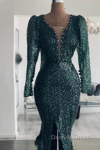 Mermaid Green Long Sleeve Sequin Prom Dresses