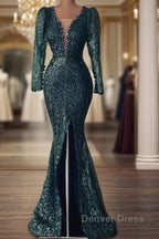 Mermaid Green Long Sleeve Sequin Prom Dresses