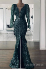 Mermaid Green Long Sleeve Sequin Prom Dress