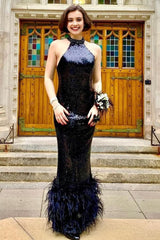 mermaid halter black sequins long vintage prom dress with feathers